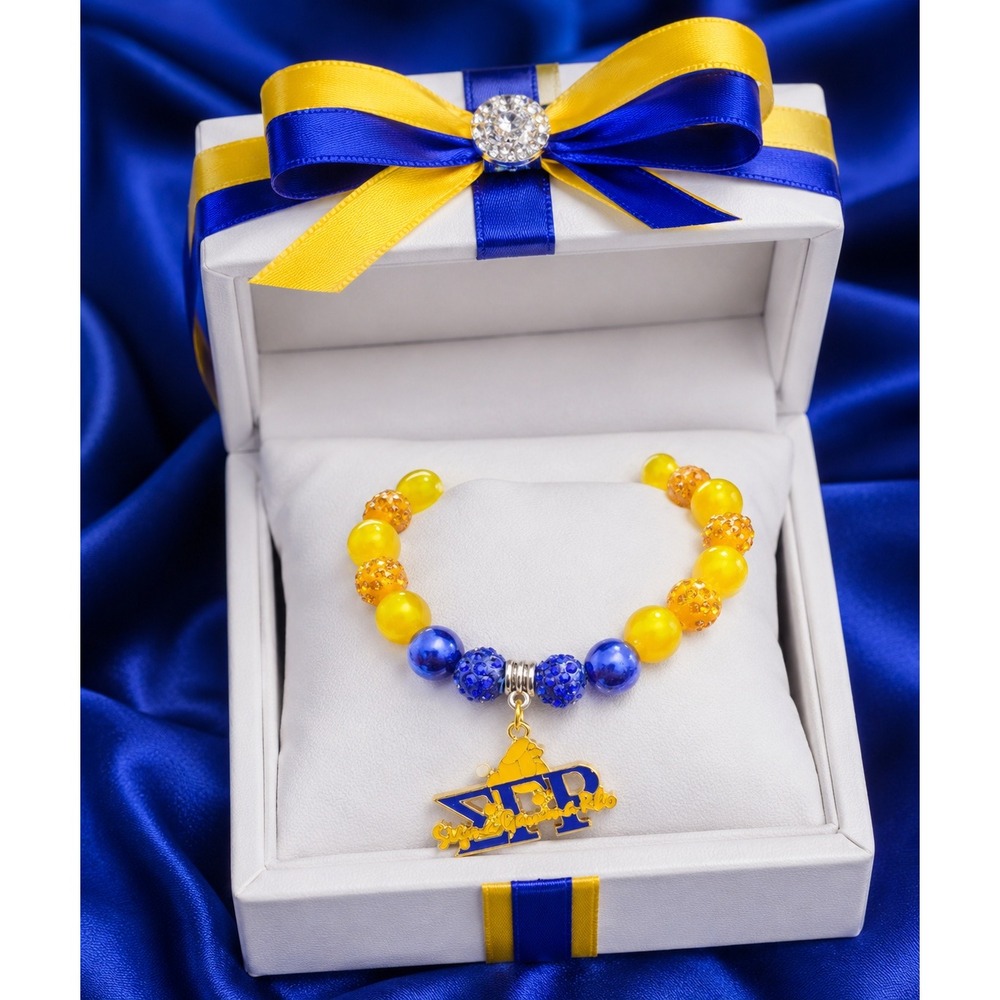 Sigma Gamma Rho SGRho Sorority Beaded Bracelet Blue‎ Gold Charm Stretch Jewelry